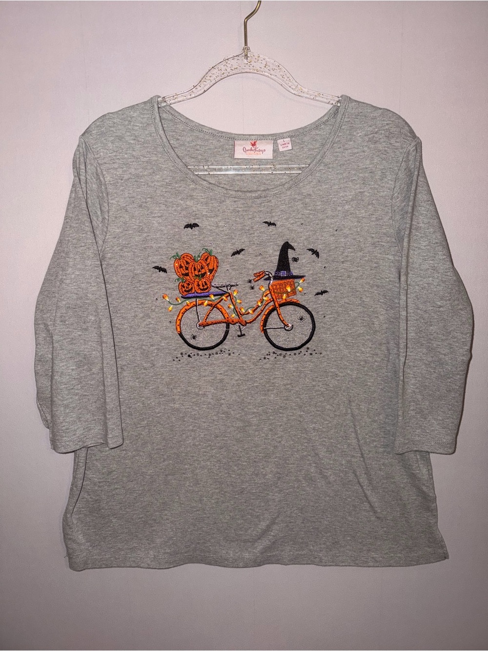 Vintage 90s Y2K Quacker Factory Halloween Shirt Size L Embroidered Witch Bike